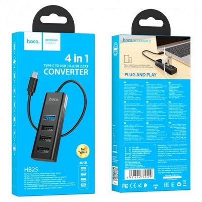 Хаб USB Hoco HB25 Easy mix 4-in-1 converter(Type-C to USB3.0+USB2.0*3) Колір Чорний 29789_2285245 фото