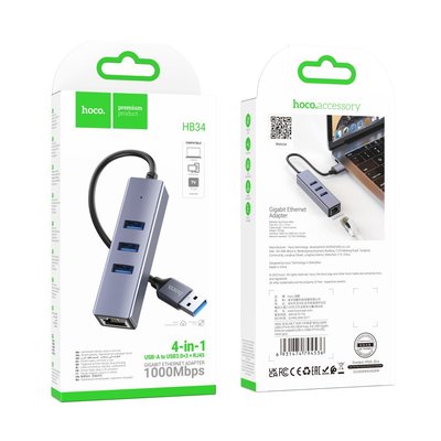 Хаб USB Hoco HB34 Easy link Gigabit Ethernet adapter(USB to USB3.0*3+RJ45) Колір Сiрий 31139_2905818 фото