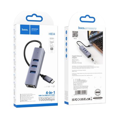 Хаб USB Hoco HB34 Easy link Gigabit Ethernet adapter(Type C to USB3.0*3+RJ45) Колір Сiрий 31140_2905819 фото