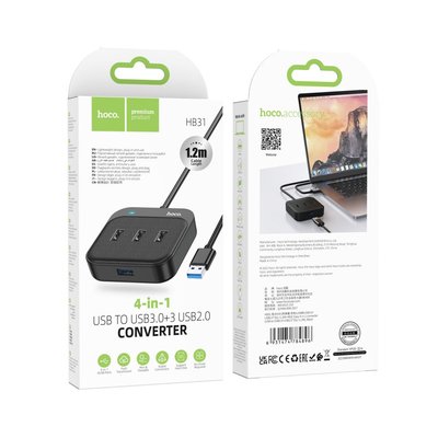 Хаб USB Hoco HB31 Easy 4-in-1 converter(USB to USB3.0+USB2.0*3)(L=1.2M) Колір Чорний 29792_2285248 фото